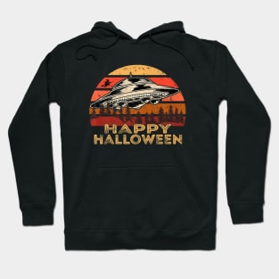 UFO Witch at the Tree Line Retro Sunset Happy Halloween Premium Hoodie